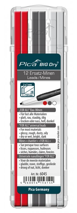 Obrázek pro produkt Pica - tuhy na většinu materiálů pro tesařskou tužku ( Barva: šedá + bílá +červená )